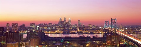 Framed Arial View Of The City At Twilight, Philadelphia, Pennsylvania, USA Print