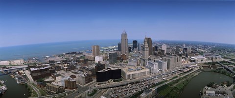 Framed Aerial view of buildings in a city, Cleveland, Cuyahoga County, Ohio, USA Print