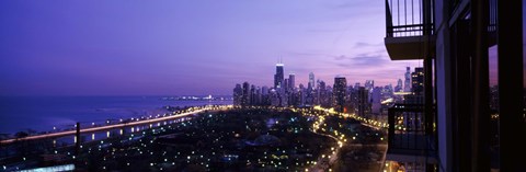 Framed High angle view of a city at night, Lake Michigan, Chicago, Cook County, Illinois, USA Print
