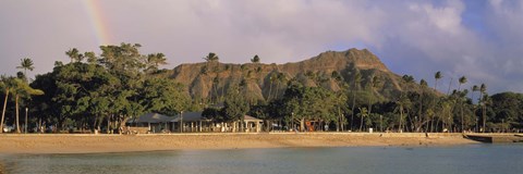 Framed USA, Hawaii, Oahu, Honolulu, Diamond Head St Park, View of a rainbow over a beach resort Print