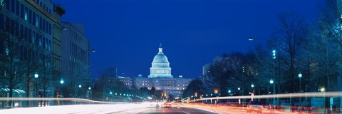 Framed Government building lit up at dusk, Capitol Building, Pennsylvania Avenue, Washington DC, USA Print