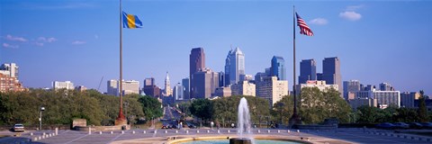 Framed Fountain at art museum with city skyline, Philadelphia, Pennsylvania, USA Print