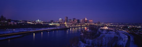 Framed Reflection of buildings in a river at night, Mississippi River, Minneapolis and St Paul, Minnesota, USA Print
