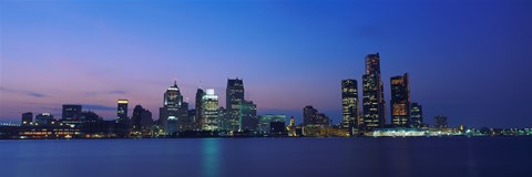 Framed Detroit Skyline at night, Michigan Print