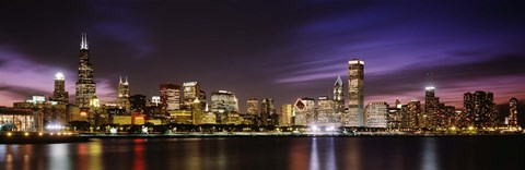 Framed Buildings at the waterfront lit up at night, Chicago, Illinois Print