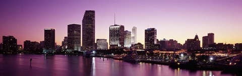 Framed Buildings lit up at dusk, Biscayne Bay, Miami, Miami-Dade county, Florida, USA Print