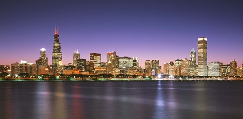 Framed Skyscrapers lit up at night at the waterfront, Lake Michigan, Chicago, Cook County, Illinois, USA Print