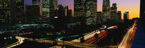 Framed Harbor Freeway and buildings lit up, Los Angeles CA Print