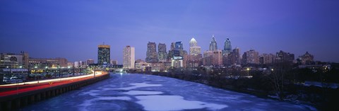Framed Buildings lit up at night, Philadelphia, Pennsylvania, USA Print