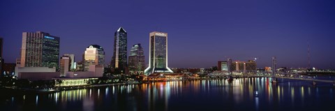 Framed Buildings Lit Up At Night, Jacksonville, Florida, USA Print