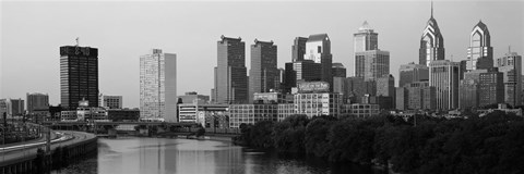 Framed River passing through a city in black and white, Philadelphia, Pennsylvania Print