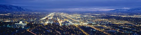 Framed Aerial view of a city lit up at dusk, Salt Lake City, Utah, USA Print