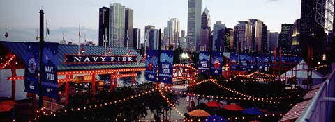 Framed Amusement Park Lit Up At Dusk, Navy Pier, Chicago, Illinois, USA Print