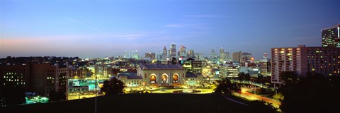 Framed High Angle View Of A City Lit Up At Dusk, Kansas City, Missouri Print