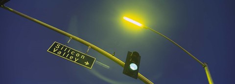 Framed Low angle view of traffic light and a street sign, Silicon Valley, San Francisco, California, USA Print