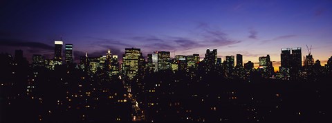 Framed Skyscrapers in a city lit up at night, Manhattan, New York City, New York State, USA Print