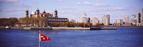Framed Museum and skyscrapers viewed through a ferry, New Jersey, Ellis Island, New York City, New York State, USA Print