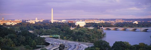 Framed High angle view of monuments, Potomac River, Lincoln Memorial, Washington Monument, Capitol Building, Washington DC, USA Print