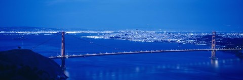 Framed High angle view of a bridge lit up at night, Golden Gate Bridge, San Francisco, California Print