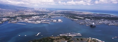 Framed Aerial view of a harbor, Pearl Harbor, Honolulu, Oahu, Hawaii, USA Print