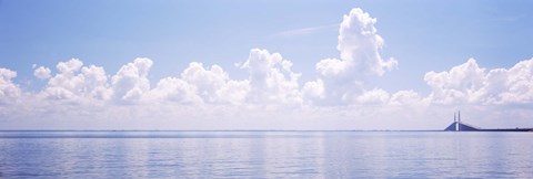 Framed Seascape with a suspension bridge in the background, Sunshine Skyway Bridge, Tampa Bay, Gulf of Mexico, Florida, USA Print