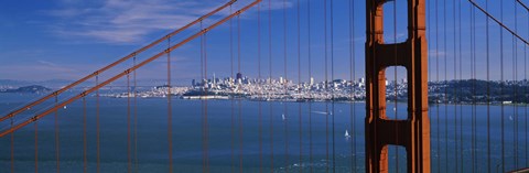 Framed Suspension bridge with a city in the background, Golden Gate Bridge, San Francisco, California, USA Print