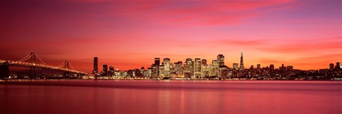 Framed Bay Bridge and San Francisco Skyline at Dusk (pink sky) Print