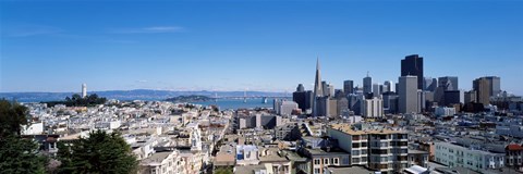 Framed High angle view of a city, Coit Tower, Telegraph Hill, Bay Bridge, San Francisco, California, USA Print