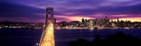Framed Bridge lit up at dusk, Bay Bridge, San Francisco Bay, San Francisco, California Print