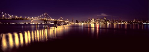 Framed Bridge lit up at night, Bay Bridge, San Francisco Bay, San Francisco, California Print