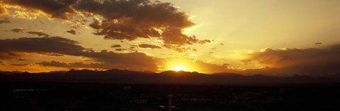 Framed Silhouette of mountains at sunrise, Denver, Colorado, USA Print