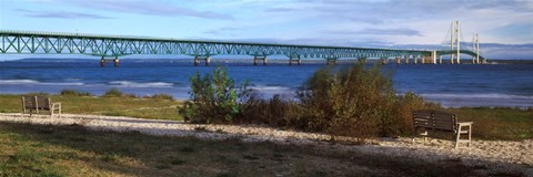 Framed Suspension bridge across a strait, Mackinac Bridge, Mackinaw City, Michigan, USA Print