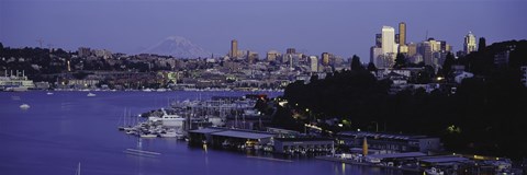 Framed City skyline at the lakeside with Mt Rainier in the background, Lake Union, Seattle, King County, Washington State, USA Print