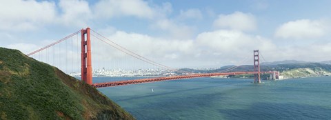 Framed Suspension bridge with a city in the background, Golden Gate Bridge, San Francisco Bay, San Francisco, California, USA Print