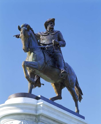 Framed Statue of Sam Houston pointing towards San Jacinto battlefield against blue sky, Hermann Park, Houston, Texas, USA Print