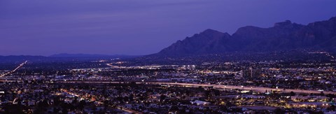 Framed Aerial view of a city at night, Tucson, Pima County, Arizona Print
