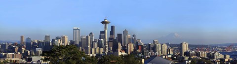 Framed Buildings in a city with mountains in the background, Space Needle, Mt Rainier, Seattle, King County, Washington State, USA 2010 Print
