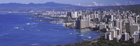 Framed High angle view of a city at waterfront, Honolulu, Oahu, Honolulu County, Hawaii Print