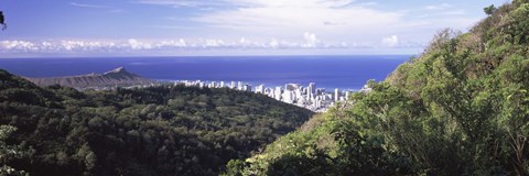 Framed Mountains with city at coast in the background, Honolulu, Oahu, Honolulu County, Hawaii, USA Print