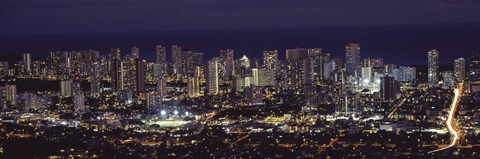 Framed High angle view of a city lit up at night, Honolulu, Oahu, Honolulu County, Hawaii Print