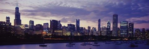 Framed Lake Michigan Waterfront with Purple Night Sky, Chicago, Illinois, USA Print