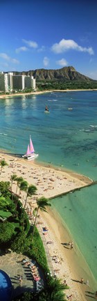 Framed Aerial view of a beach, Diamond Head, Waikiki Beach, Oahu, Honolulu, Hawaii, USA Print
