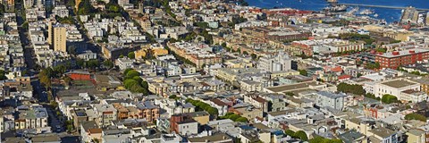 Framed Aerial view of buildings in a city, Columbus Avenue and Fisherman's Wharf, San Francisco, California, USA Print