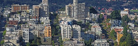 Framed Aerial view of buildings in a city, Russian Hill, Lombard Street and Crookedest Street, San Francisco, California, USA Print
