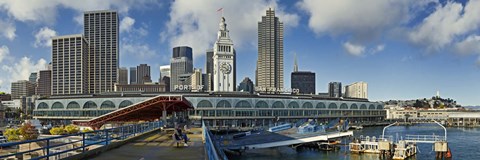 Framed Ferry terminal with skyline at port, Ferry Building, The Embarcadero, San Francisco, California, USA 2011 Print