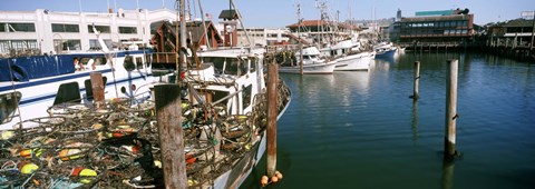 Framed Fishing boats at a dock, Fisherman's Wharf, San Francisco, California, USA Print