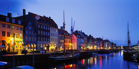 Framed Buildings lit up at night, Nyhavn, Copenhagen, Denmark Print