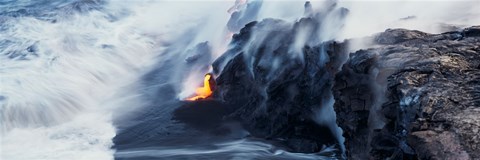 Framed High angle view of lava flowing into the Pacific Ocean, Volcano National Park, Hawaii, USA Print