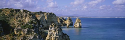 Framed Rock formations on the beach, Algarve, Portugal Print