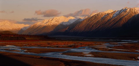 Framed River along mountains, Rakaia River, Canterbury Plains, South Island, New Zealand Print